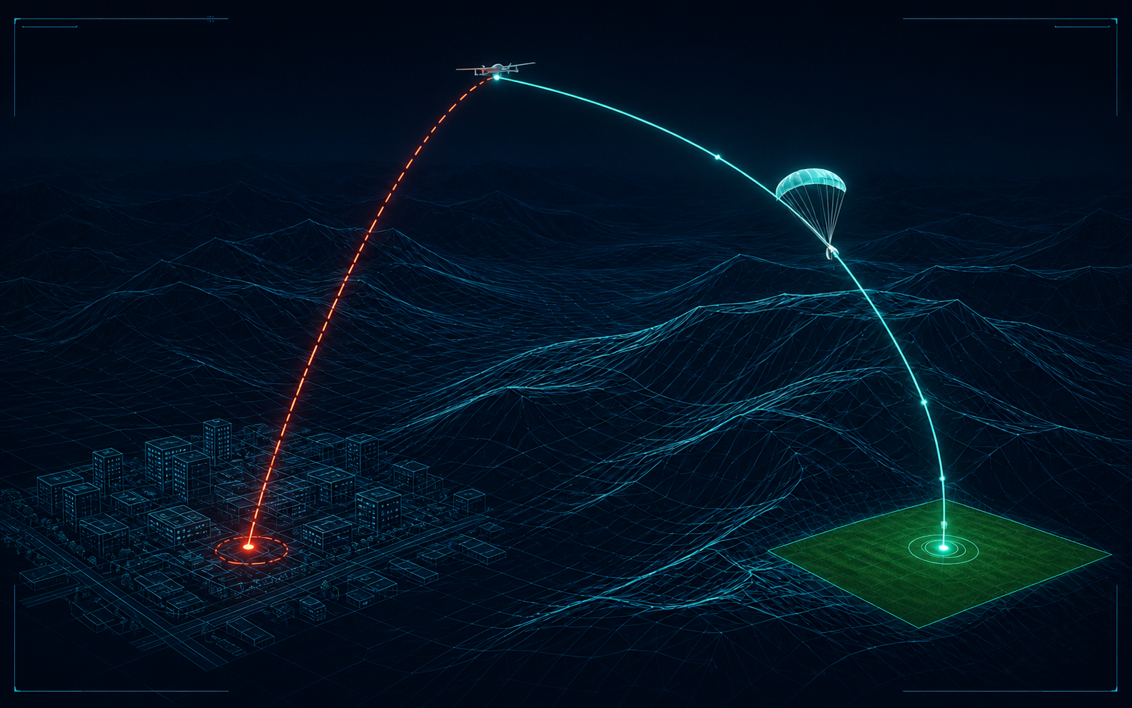 Comparison of recovery trajectories from one UAV failure point: a red dashed passive ballistic descent ends in an uncontrolled landing area, while a teal AeroGuard guided parafoil path reaches a designated recovery area.