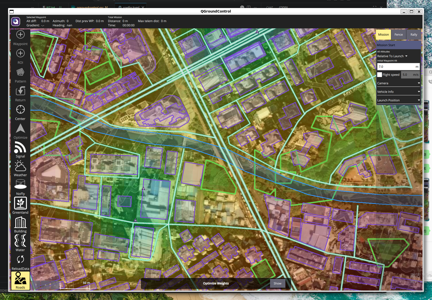 Recovery planner simulation showing mapped buildings, candidate routes, and selected operating regions.